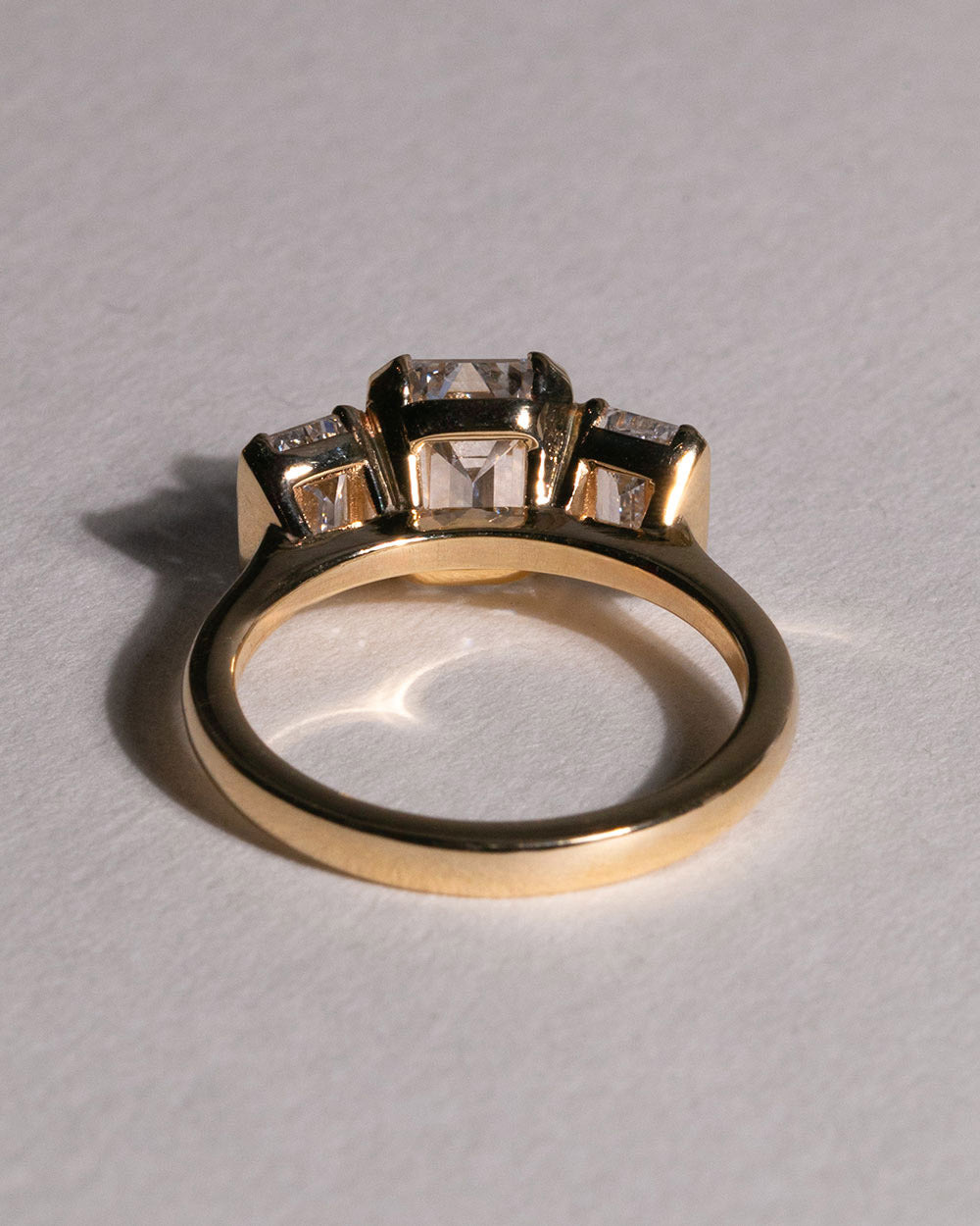18ct Gold Emerald Cut Lab Grown Diamond Trilogy Ring back view