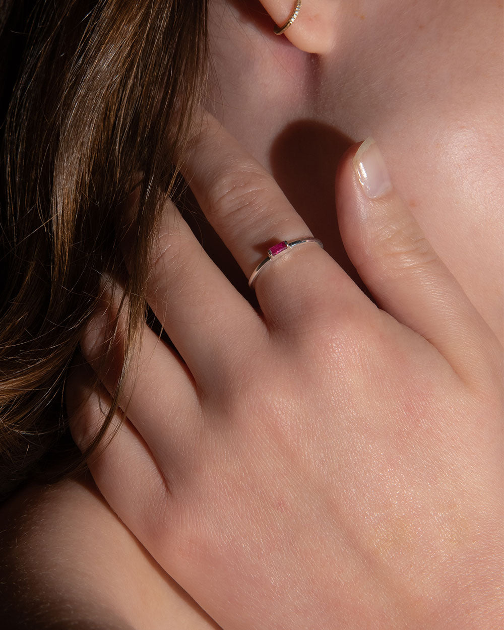July Ruby Birthstone Baguette Ring on model