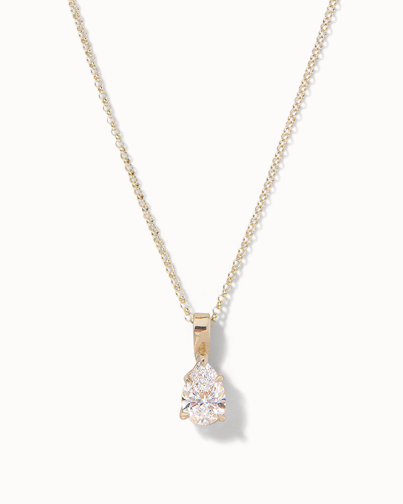 Pear cut lab grown white diamond on a recycled 9ct solid yellow gold chain handcrafted in London by Maya Magal