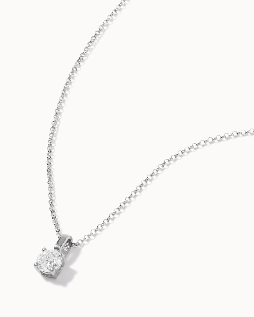 Recycled 9ct solid white gold necklace with white round diamond handcrafted in London by Maya Magal London