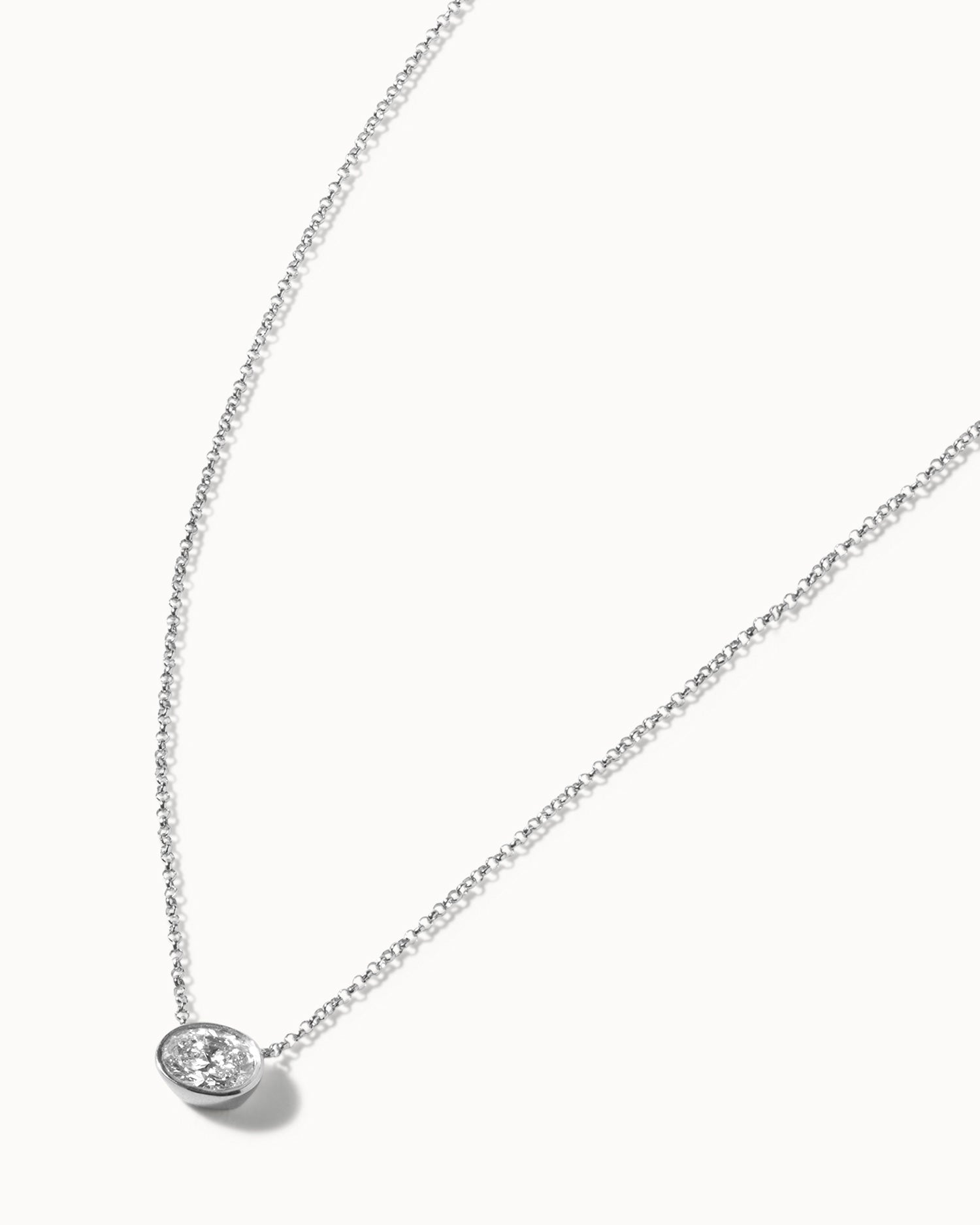 recycled 9ct solid white gold chain with oval cut lab grown white diamond handcrafted in London by Maya Magal