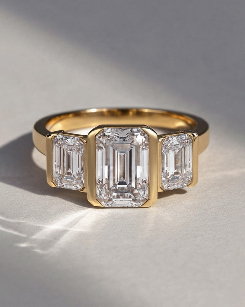 Emerald Cut Lab Grown Diamond Trilogy Ring