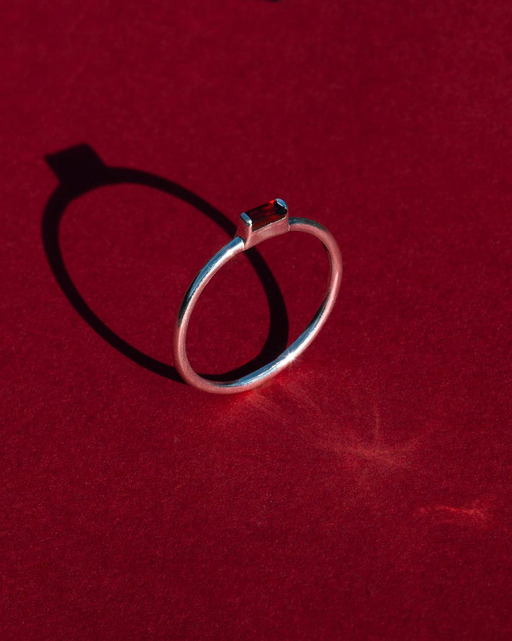 sterling silver January Garnet Birthstone Baguette Ring top side view