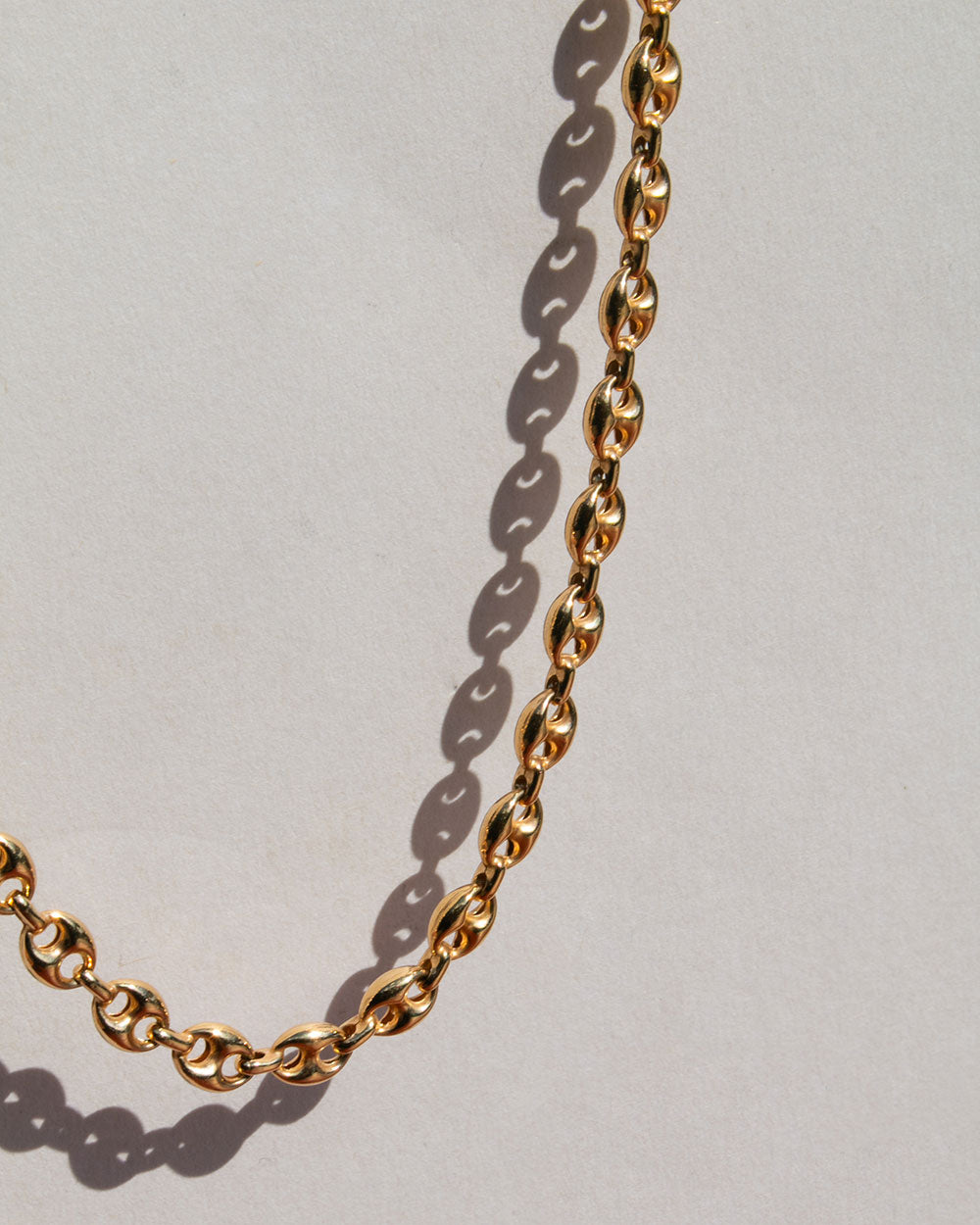 Gold anchor chain necklace on a white background with a shadow.