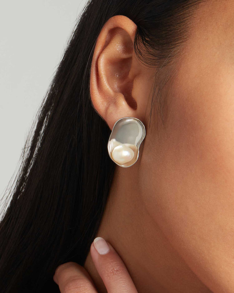 maya magal london handcrafted sterling silver and baroque pearl disc earrings made in London by Maya Magal