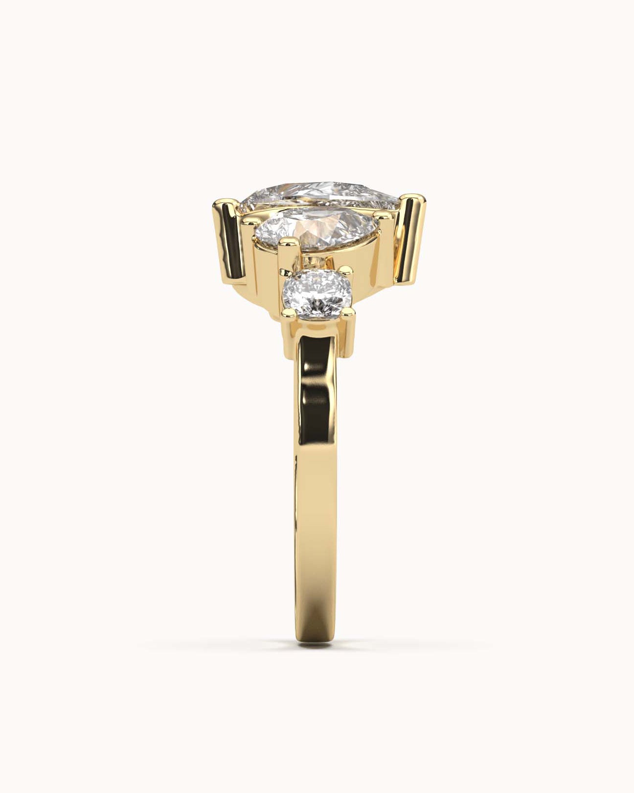 Left side view of Four Stone Lab Grown Diamond Cluster Ring with 9 Ct solid gold band on white background.