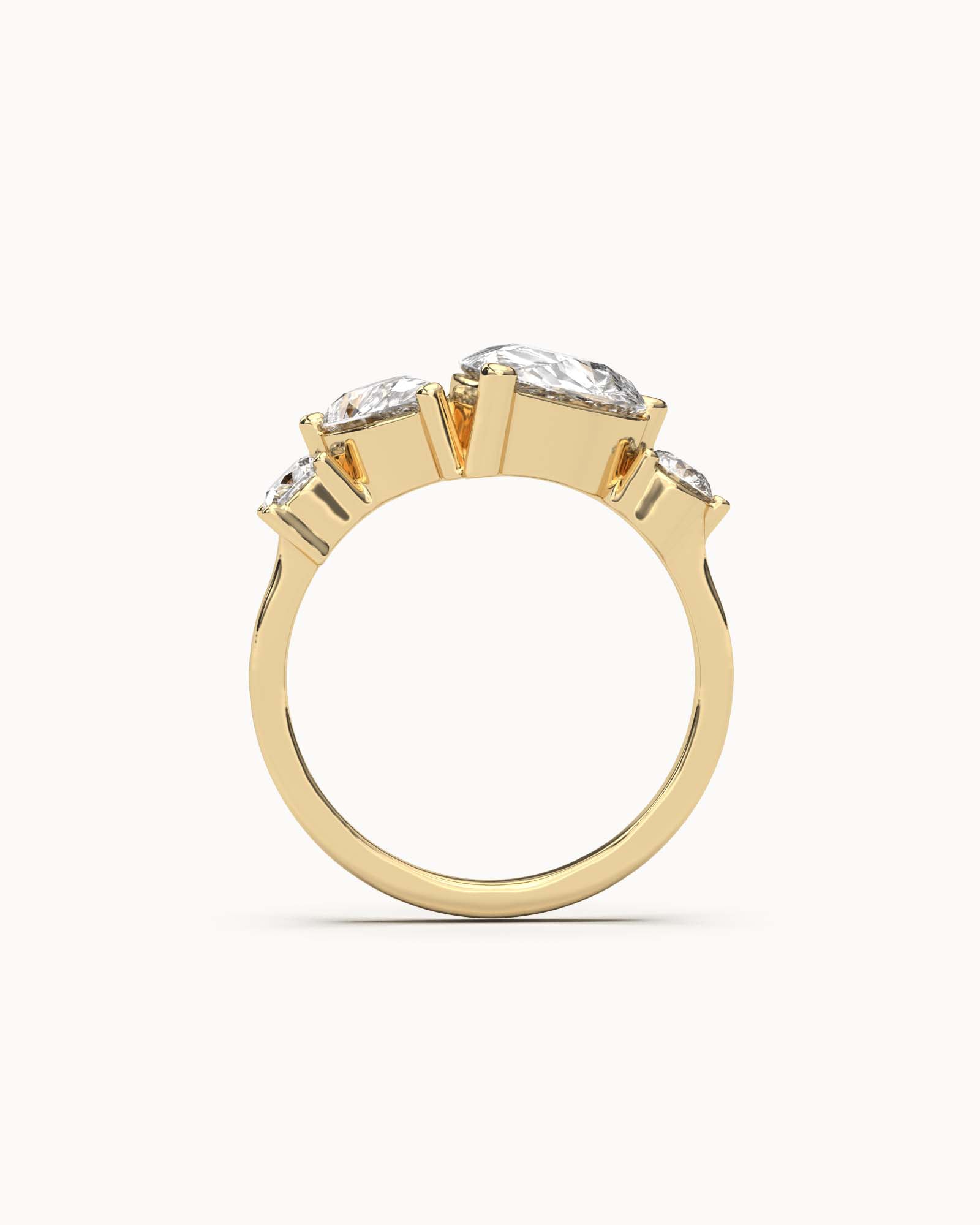 Bottom side view of Four Stone Lab Grown Diamond Cluster Ring with 9 Ct solid gold band on white background.
