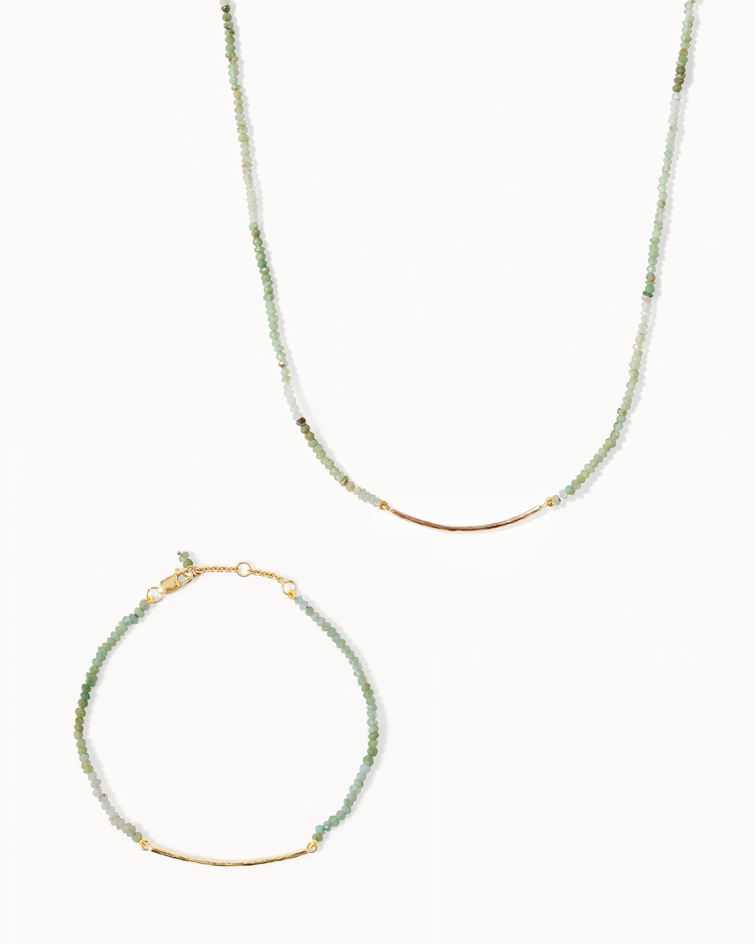 Milos chrysopase beaded bar necklace and bracelet set with solid gold accents by Maya Magal London.
