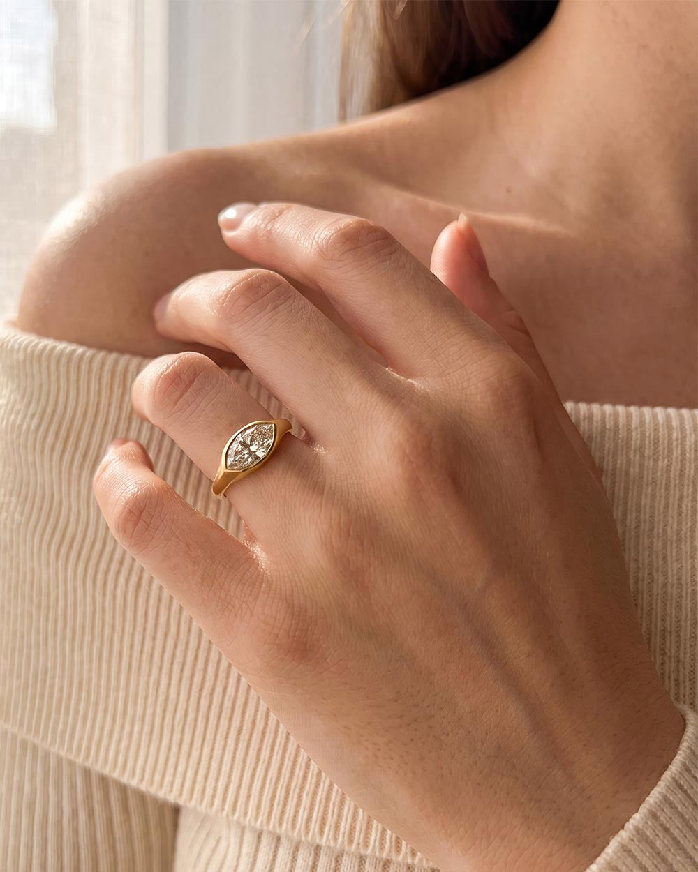 18ct Yellow Gold Marquise Cut Lab Grown Diamond Signet Ring