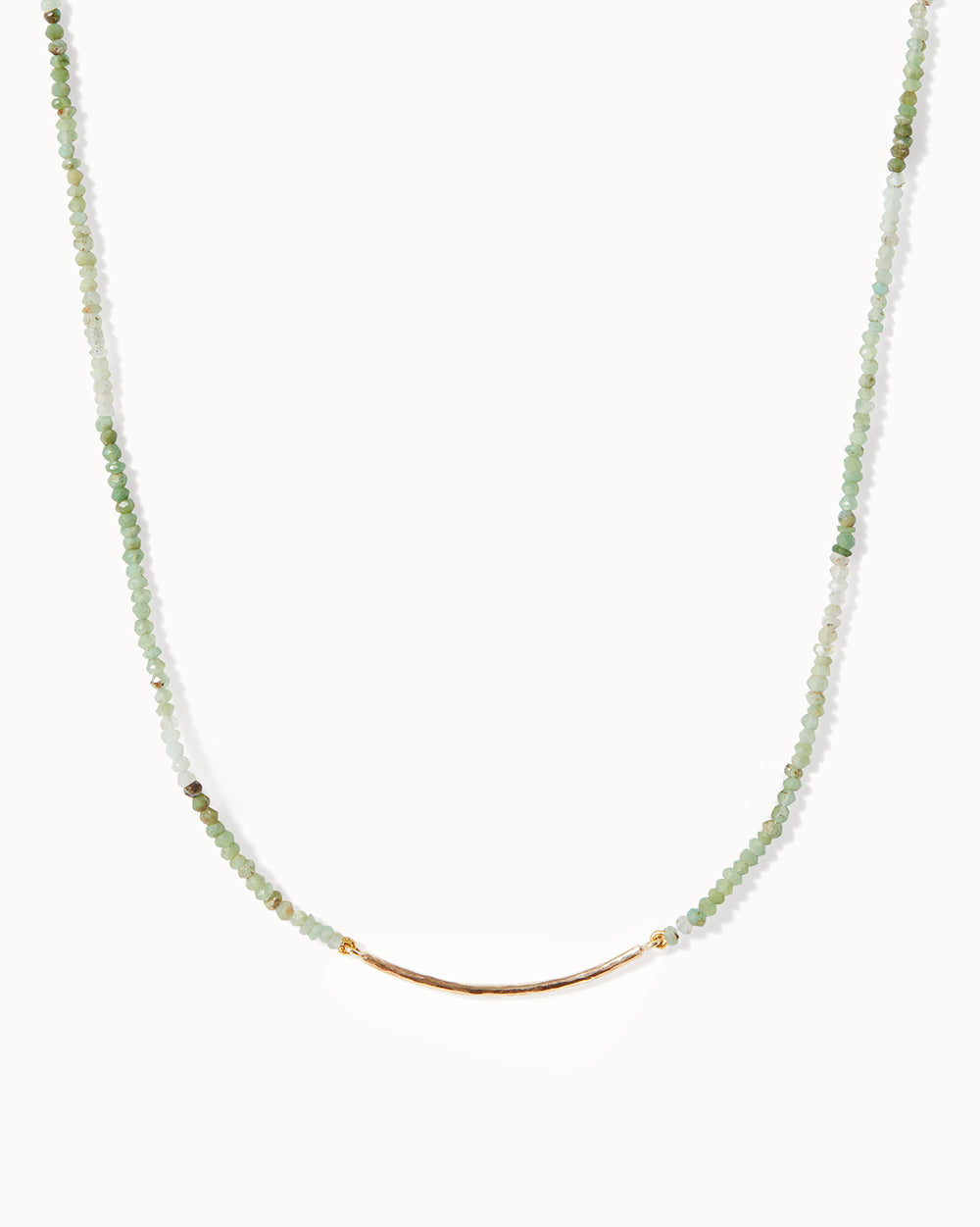 Light green chrysopase beaded necklace with solid gold bar and clasp by Maya Magal London