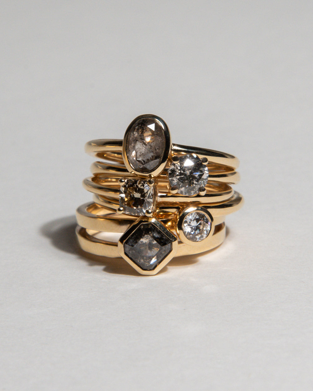 9 Ct solid gold Odette 1.28ct Grey Diamond Ring stacked with 4 other rings