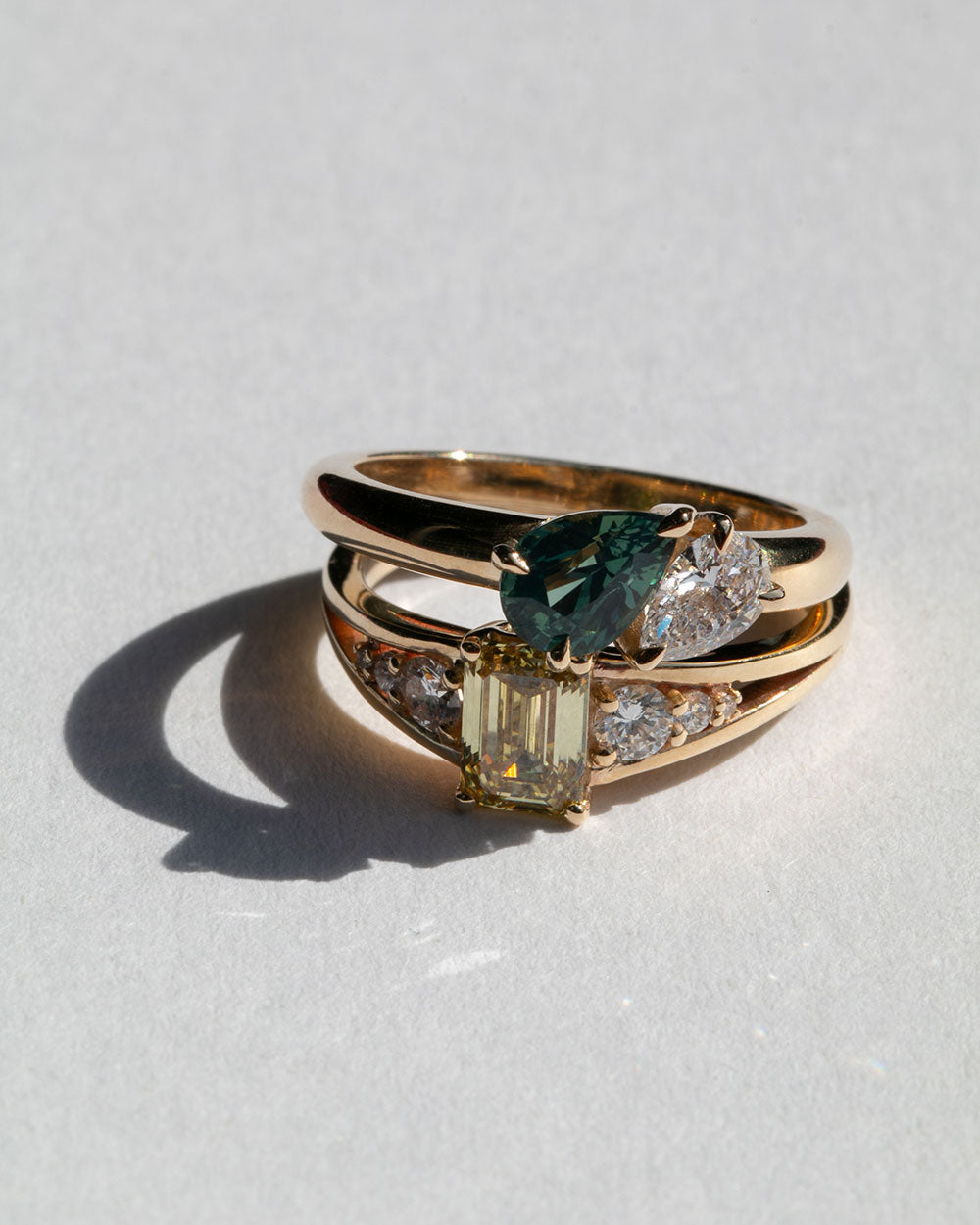 Pixie 1.01ct Green Sapphire Toi et Moi Ring displayed with another ring