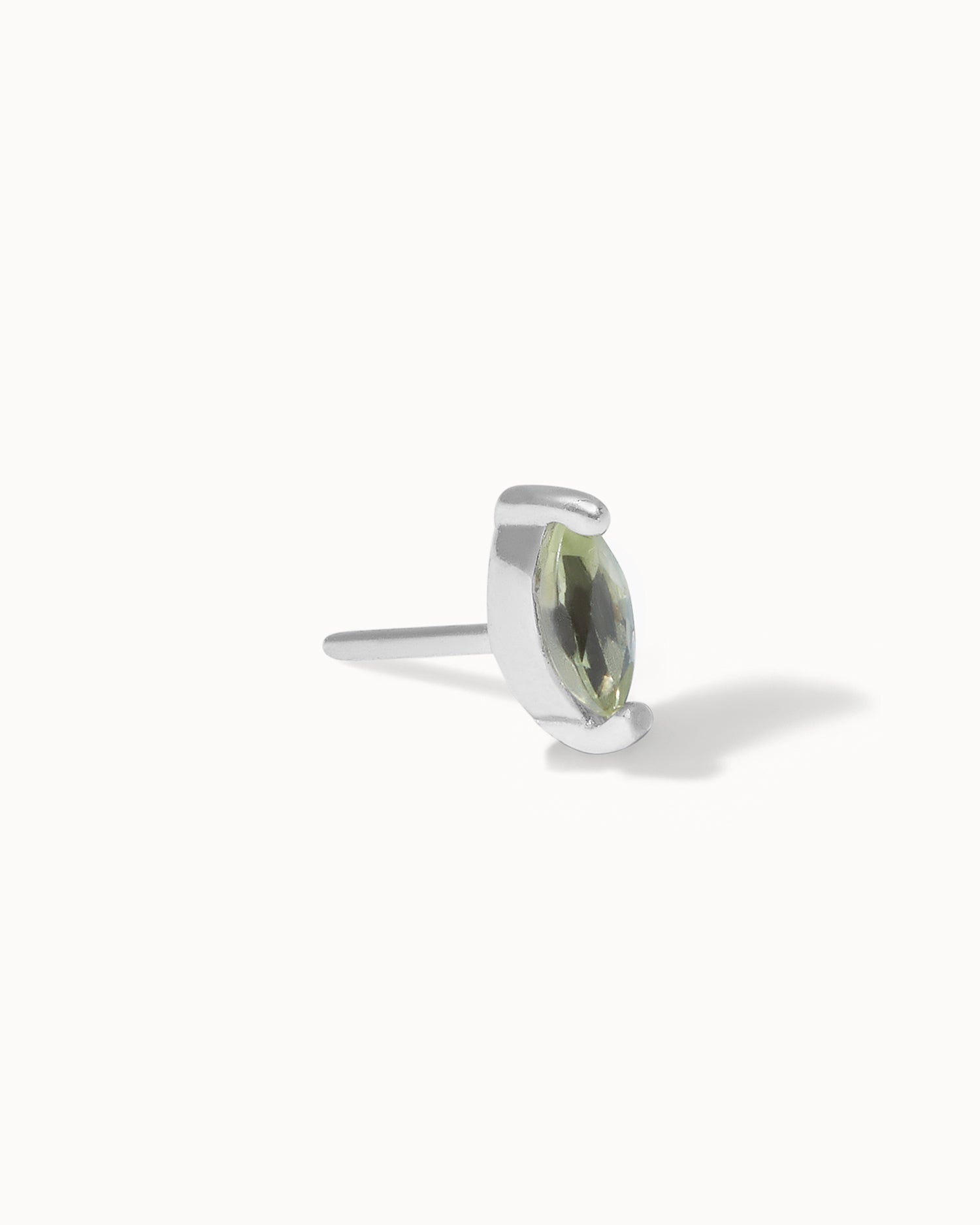 Side view of solid white gold marquise peridot stud earring.