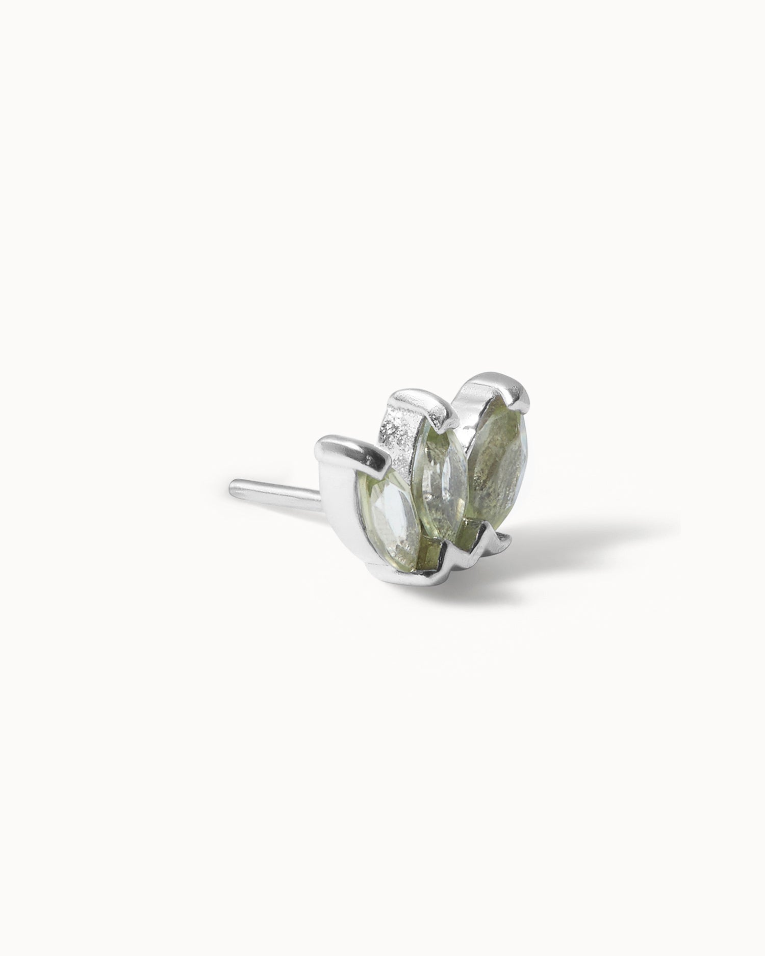 Side view of triple marquise peridot solid 14ct white gold earring stud.