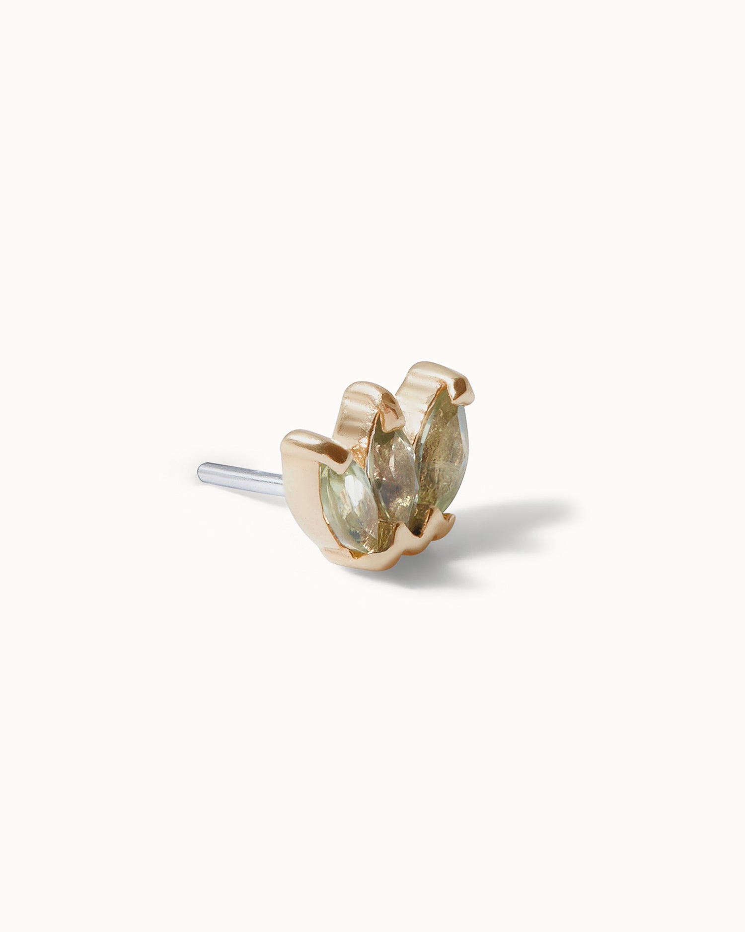 Side view of Marquise peridot triple marquise stone set in solid yellow 14ct gold.