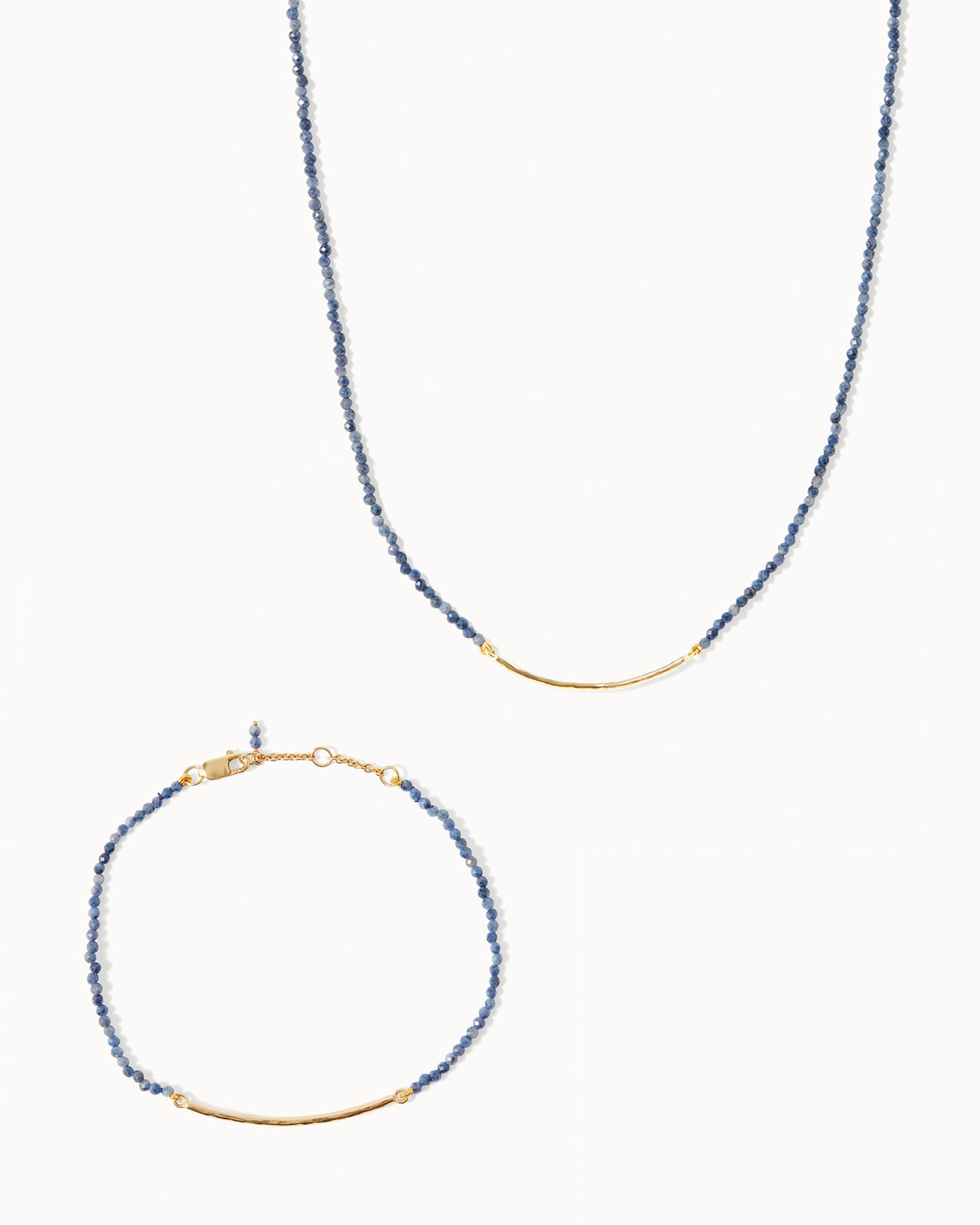 Milos sapphire beaded bar necklace and bracelet set with solid gold details by Maya Magal London.