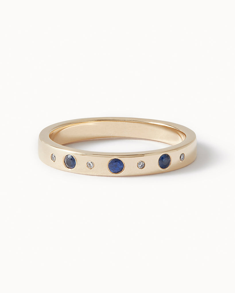 9ct Solid Gold Heirloom Half Eternity Sapphire Ring handmade in London by Maya Magal sustainable jewellery brand