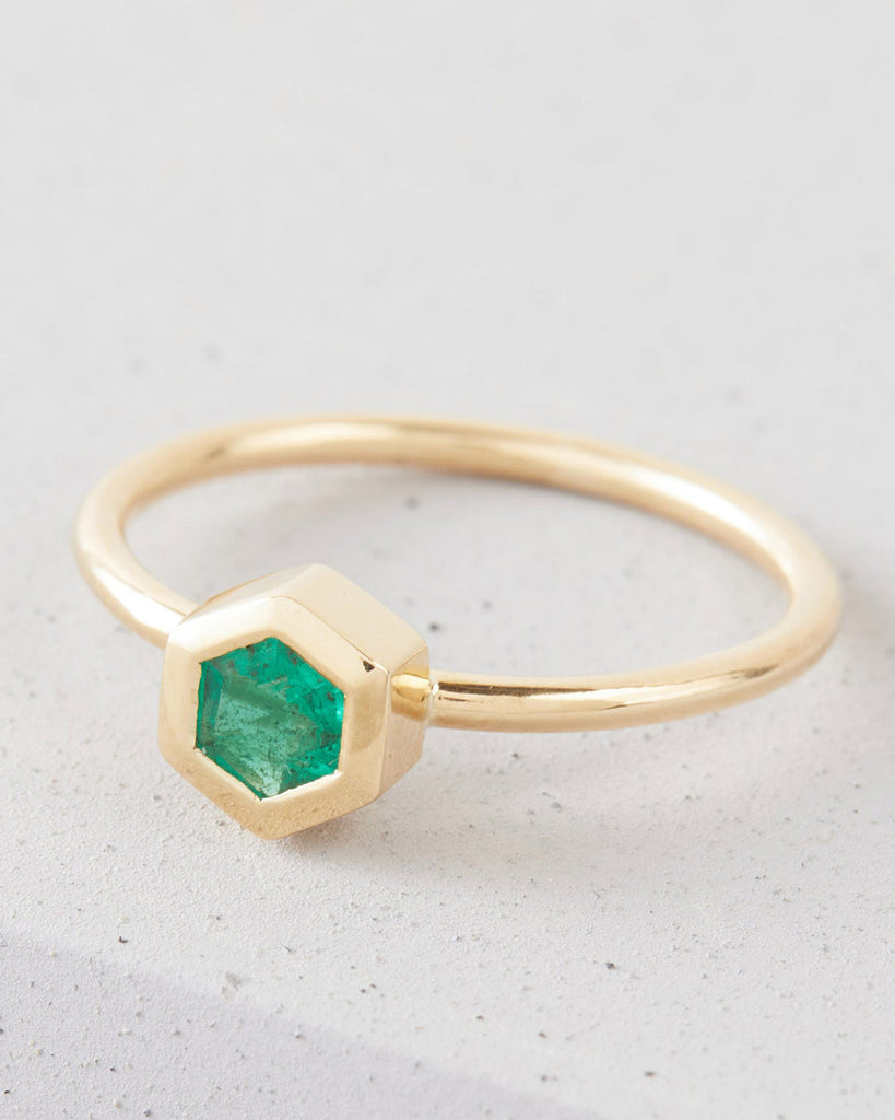 9ct Solid Gold Heirloom Hexagon Emerald Ring handmade in London by Maya Magal sustainable jewellery brand