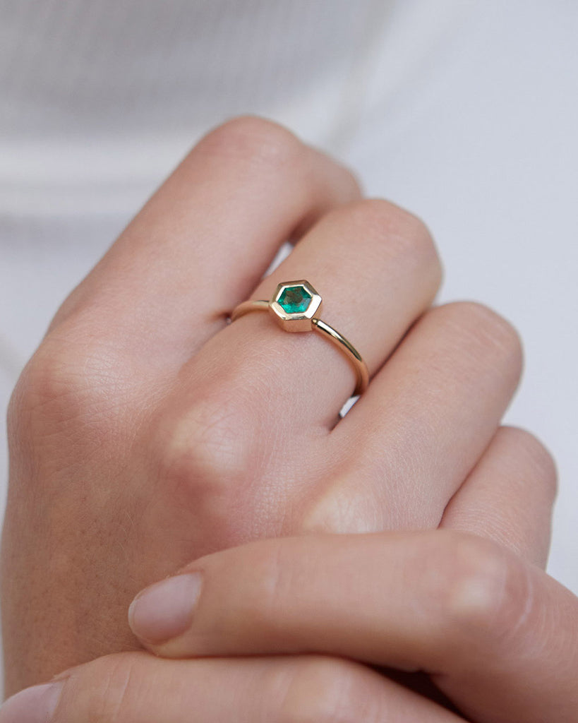 9ct Solid Gold Heirloom Hexagon Emerald Ring handmade in London by Maya Magal luxury jewellery brand