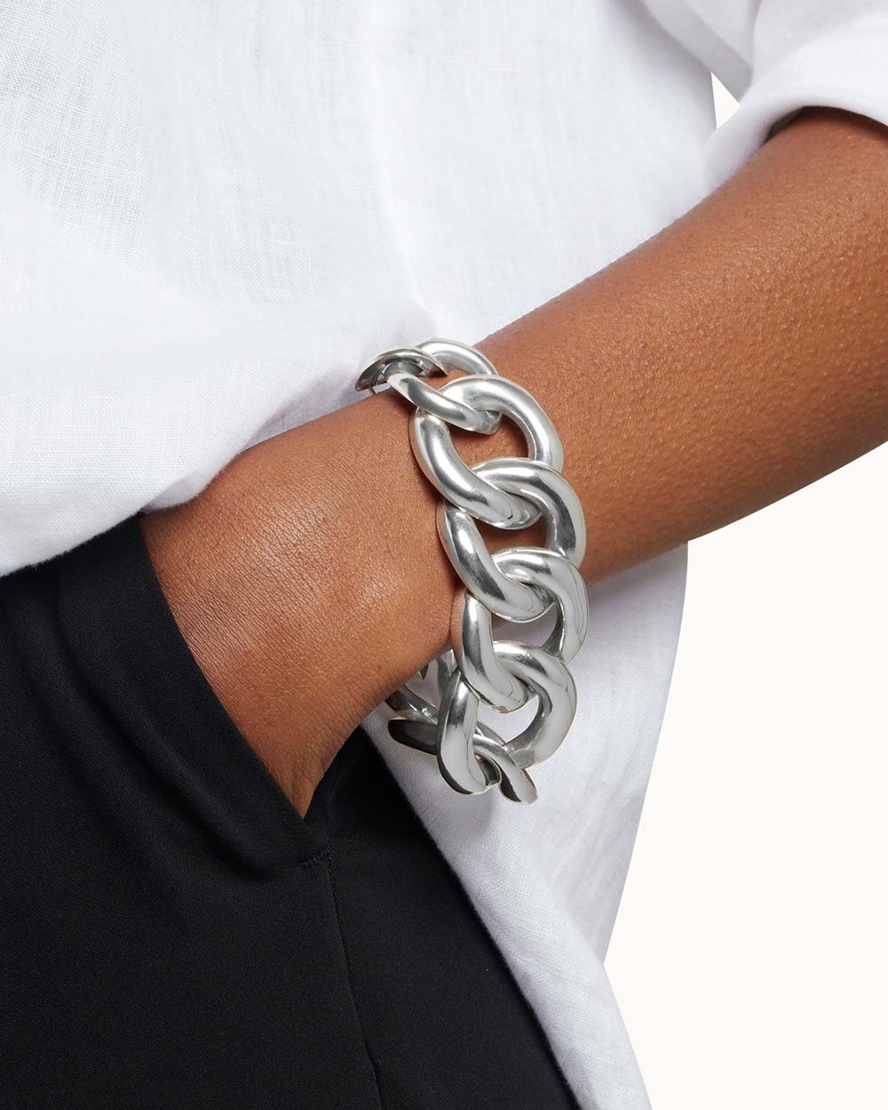 925 Recycled Sterling Silver Lucid Chain Bracelet handmade in London by Maya Magal sustainable jewellery brand. On wrist.