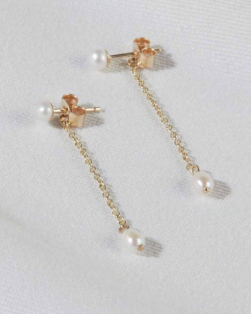 9ct Solid Gold Drop Pearl Earrings handmade in London by Maya Magal modern jewellery brand