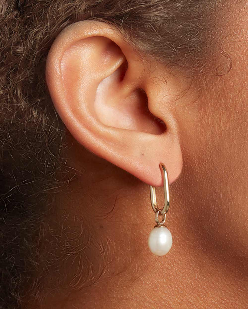 9ct Solid Gold Pearl Hoop Earrings handmade in London by Maya Magal modern jewellery brand