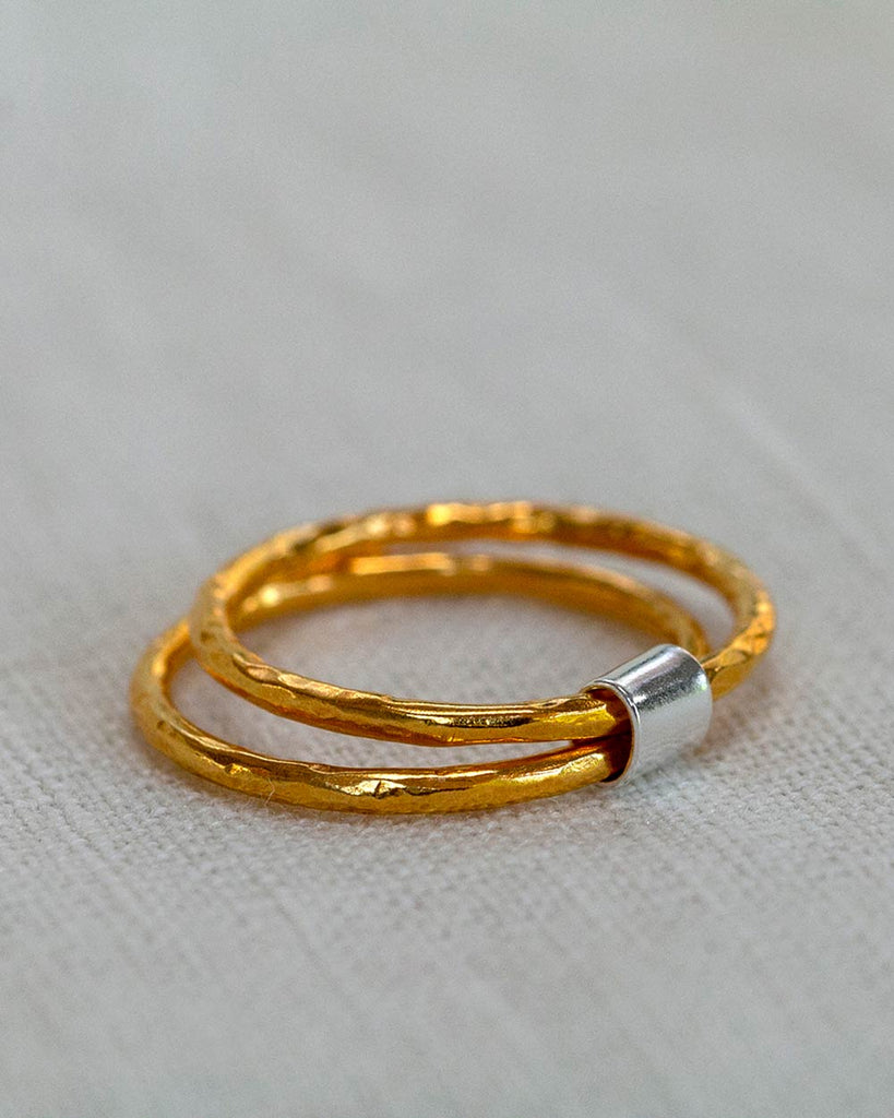 18ct Gold Plated and 925 Recycled Sterling Silver Double Band Beaten Stacking Ring handmade in London by Maya Magal contemporary jewellery brand