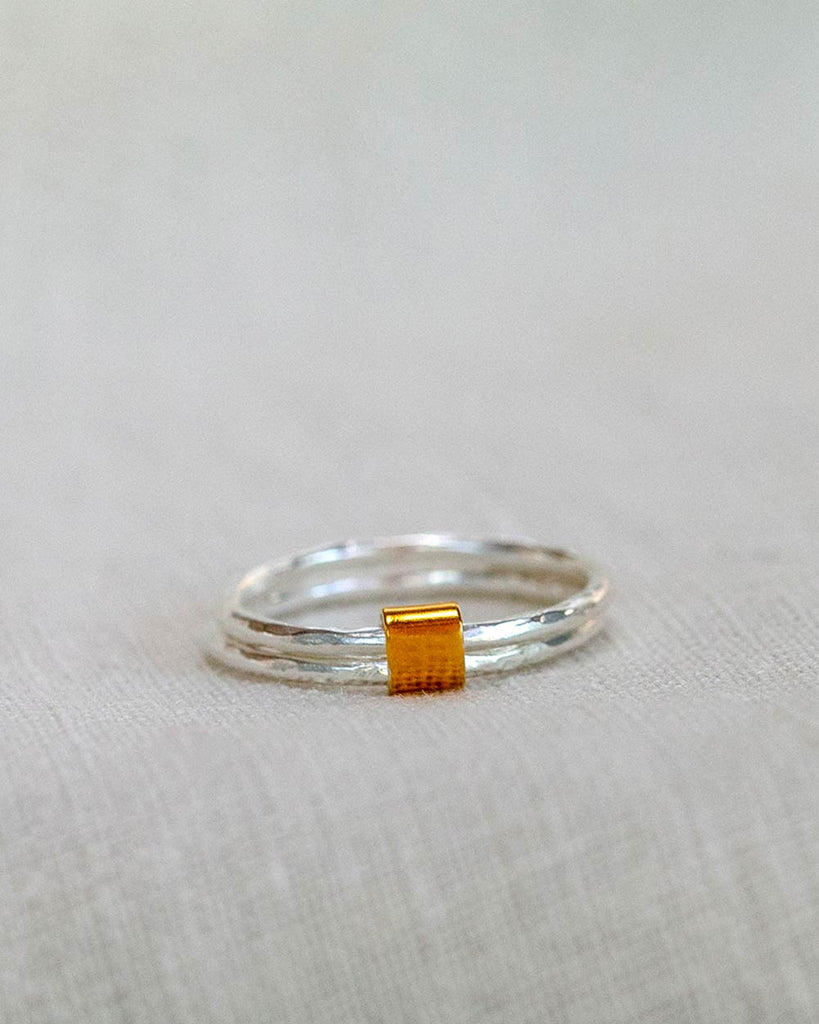 925 Recycled Sterling Silver and 18ct Gold Plated Double Band Beaten Stacking Ring handmade in London by Maya Magal sustainable jewellery brand