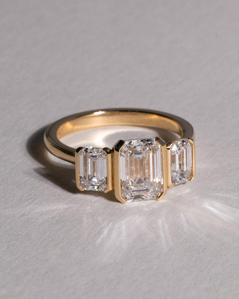 18ct Gold Emerald Cut Lab Grown Diamond Trilogy Ring