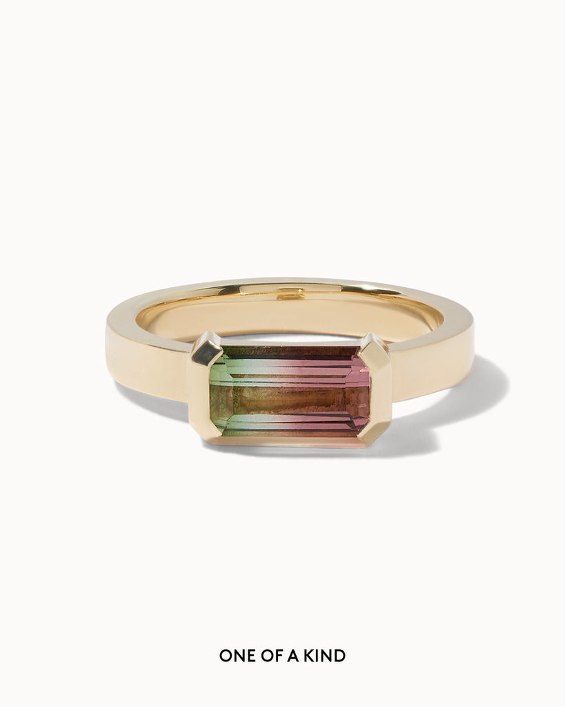 solid gold engagement ring featuring a bi-colour watermelon tourmaline handcrafted in London by Maya Magal London