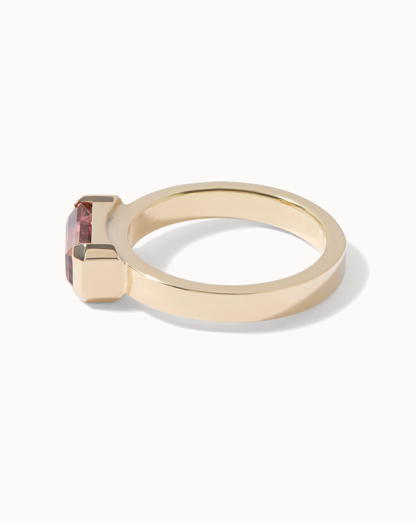 solid gold engagement ring featuring a bi-colour watermelon tourmaline handcrafted in London by Maya Magal London