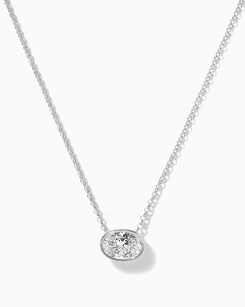 Recycled 9ct solid white gold chain with oval cut lab grown white diamond handcrafted in London by Maya Magal