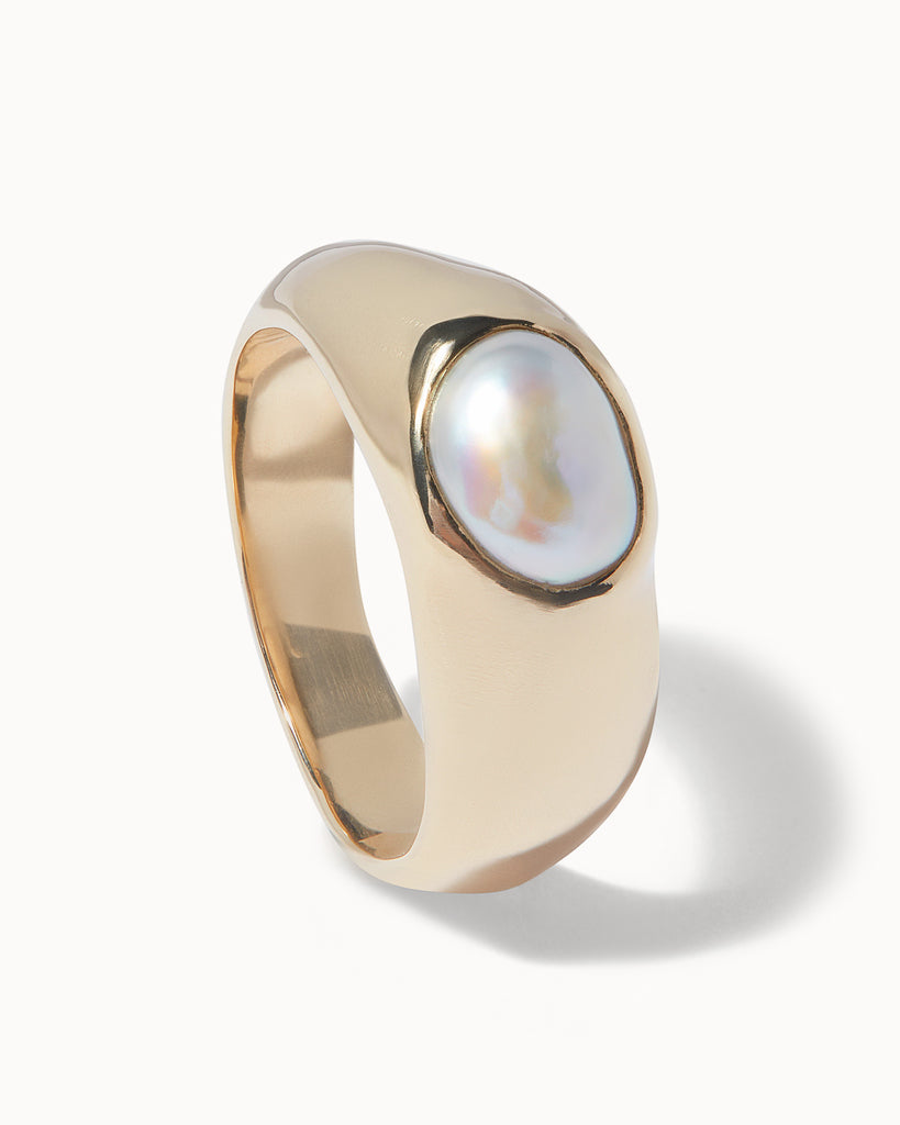 Baroque Pearl signet ring handcrafted in London with recycled 9ct solid gold by Maya Magal Jewellery