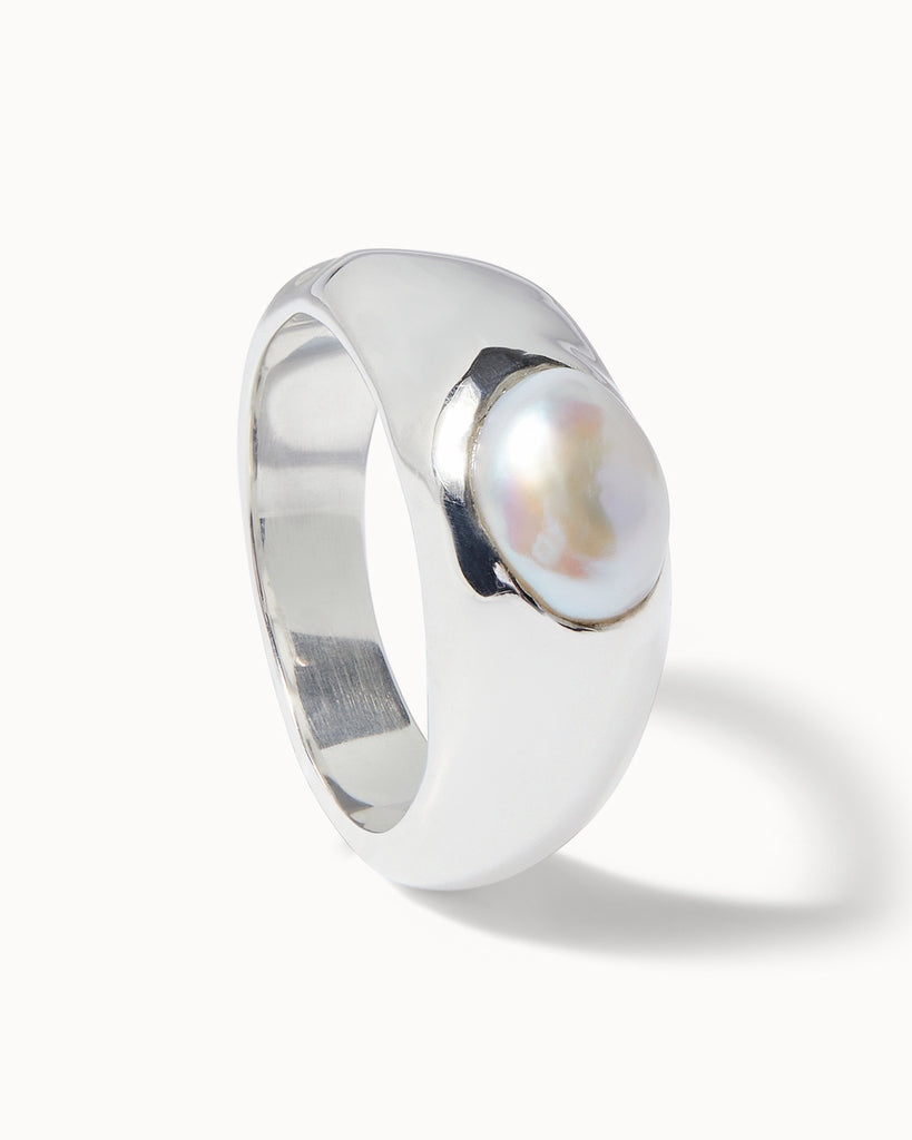 Recycled sterling silver and bold baroque pearl signet ring handcrafted in London by Maya Magal jewellery