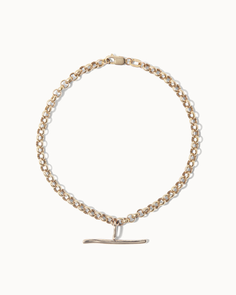 Belcher chain bracelet with handcrafted t-bar made in London with recycled 9ct solid gold by Maya Magal Jewellery
