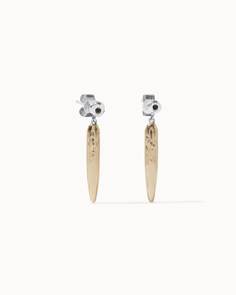 Recycled yellow and white solid gold drop earrings with black diamonds in bezel setting handcrafted in London by Maya Magal London