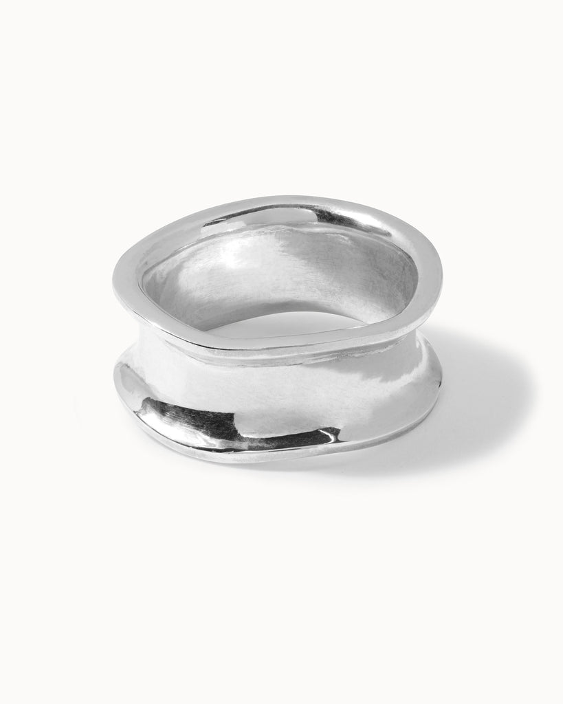 Recycled sterling silver concave wide band statement ring handcrafted in London by Maya Magal London