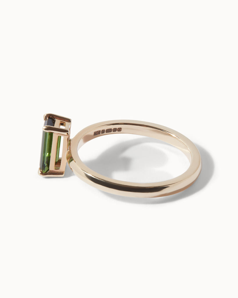 one of a kind engagement ring handcrafted in london by maya magal jewellery with recycled solid gold and tourmaline