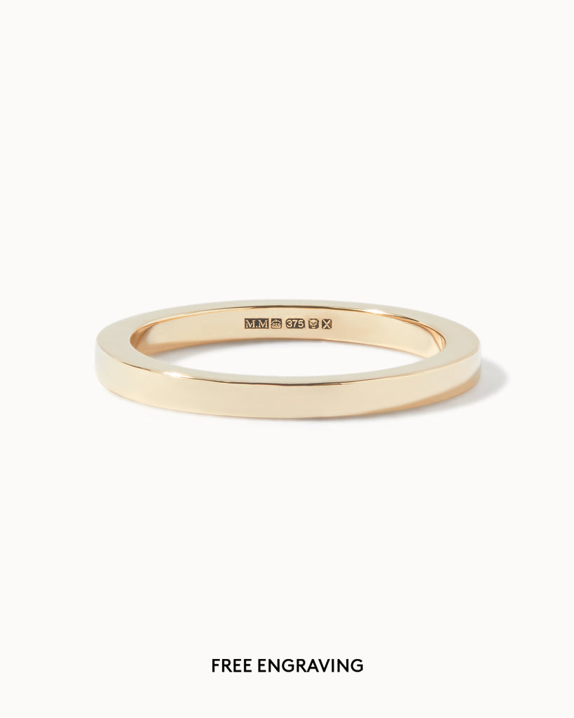 Recycled 9ct Solid Yellow Gold Flat Wedding Band with hammered texture handmade in London by Maya Magal