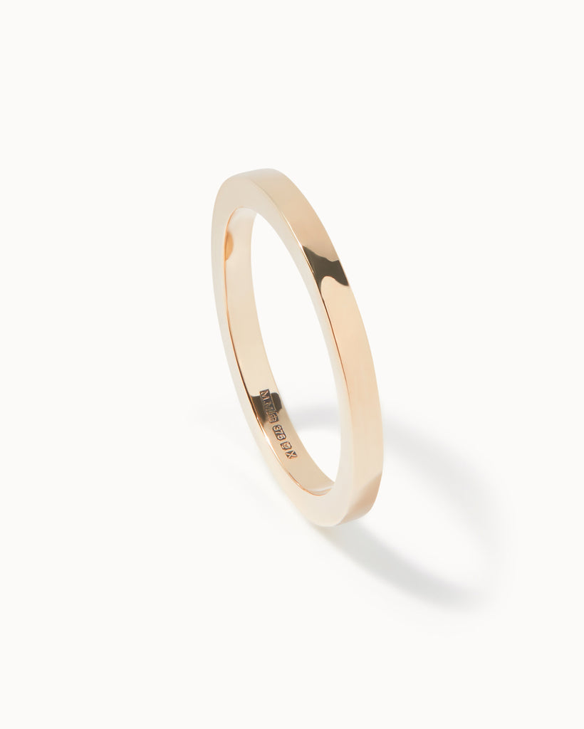 Recycled 9ct Solid Yellow Gold Flat Wedding Band with hammered texture handmade in London by Maya Magal