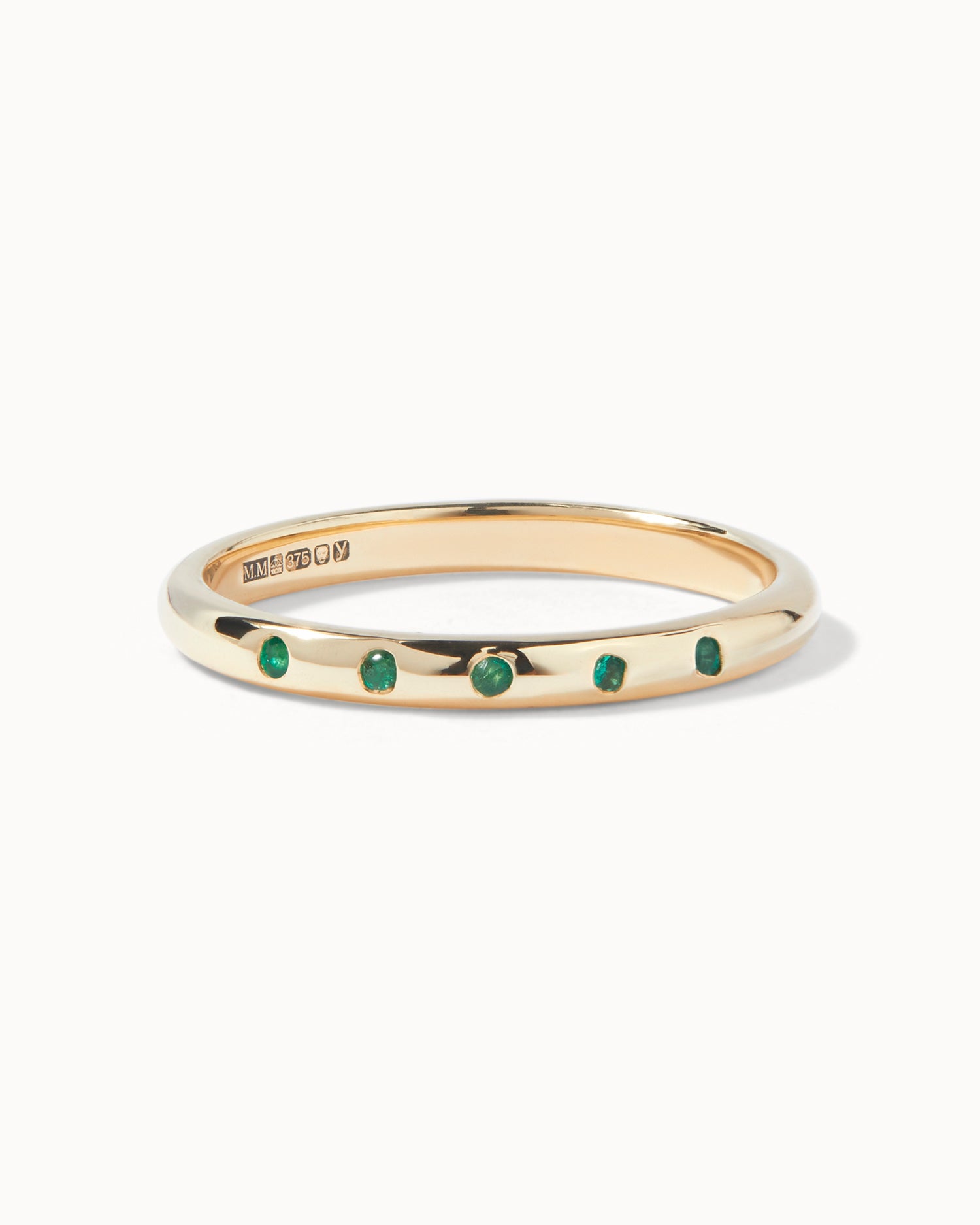 9ct Solid Yellow Gold Five Stone Emerald Ring handmade in London by Maya Magal modern jewellery brand