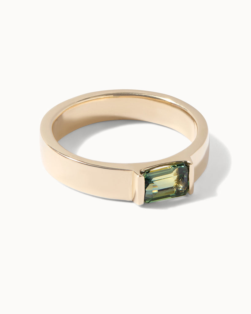 9ct solid gold ring featuring an emerald cut green sapphire handcrafted in London by Maya Magal London