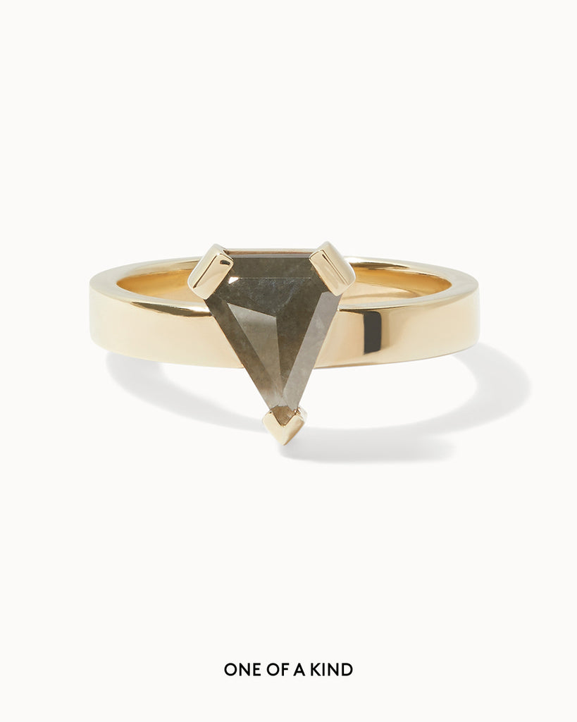 solid gold solitaire ring featuring a shield cut grey diamond handcrafted in London by Maya Magal London