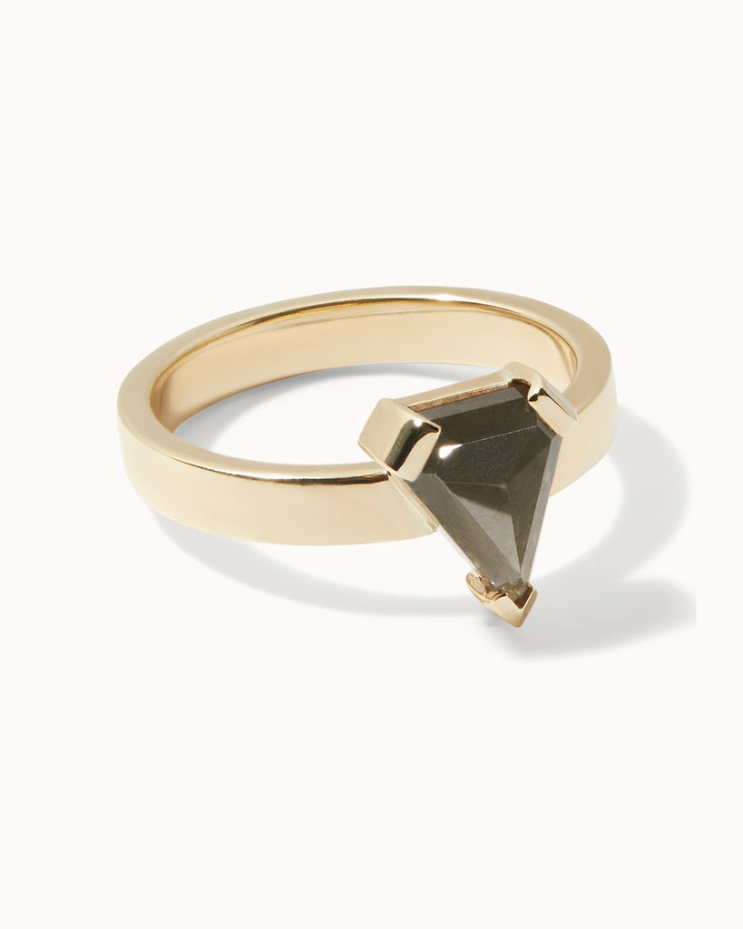 solid gold solitaire ring featuring a shield cut grey diamond handcrafted in London by Maya Magal London