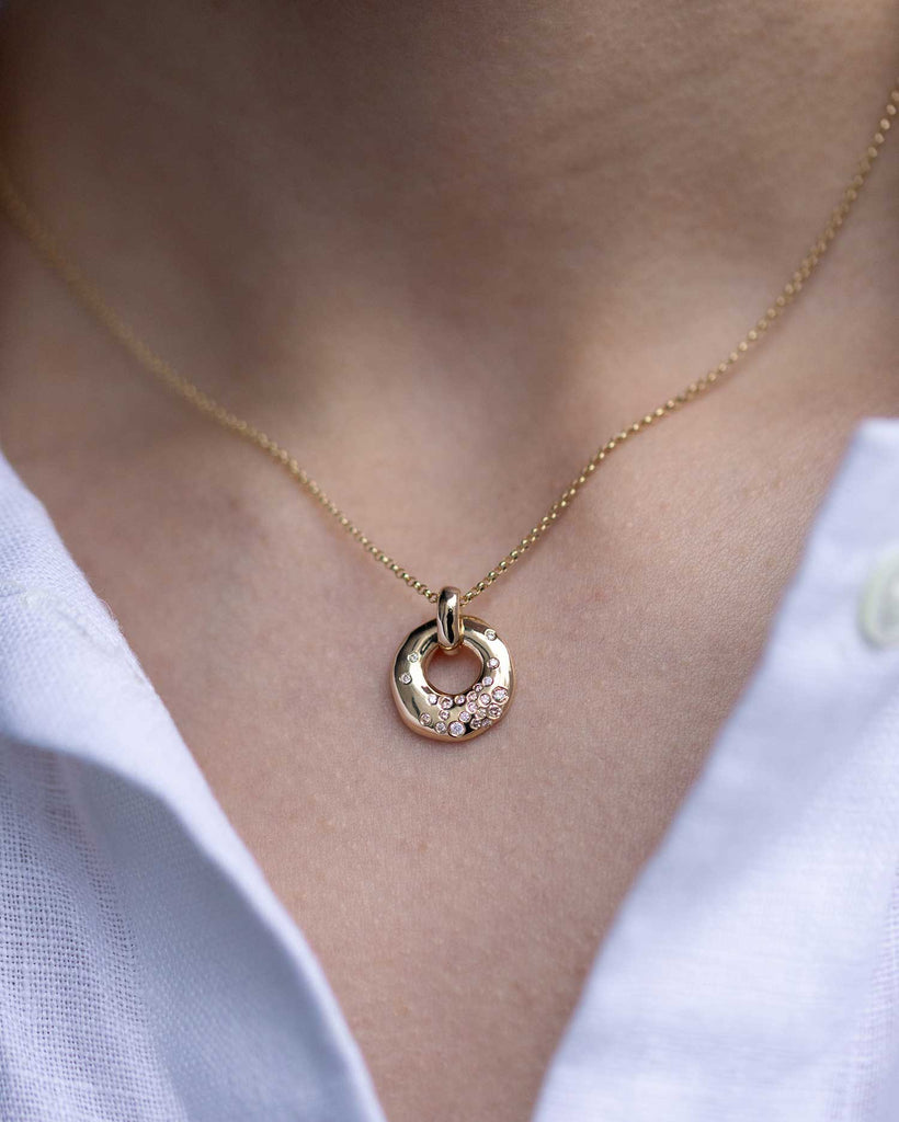 Recycled 9ct solid yellow gold charm necklace with finely set white and champagne natural diamonds handcrafted in London by Maya Magal London