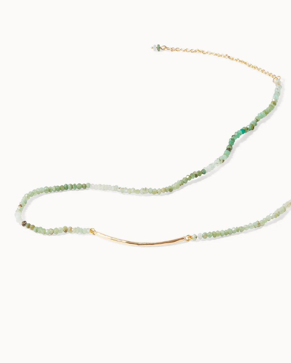 Handmade Green chrysopase beaded necklace with handmade solid gold hammered bar by Maya Magal London