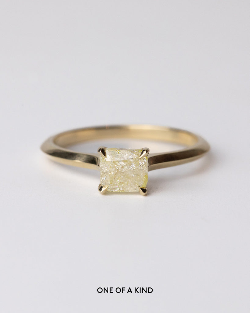 Natural Yellow Salt and pepper Diamond solitaire ring set in a recycled 9 ct solid yellow gold band handcrafted in London by Maya Magal