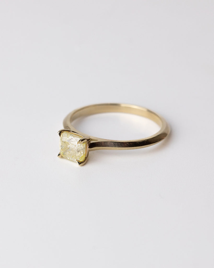 Natural Yellow Salt and pepper Diamond solitaire ring set in a recycled 9 ct solid yellow gold band handcrafted in London by Maya Magal
