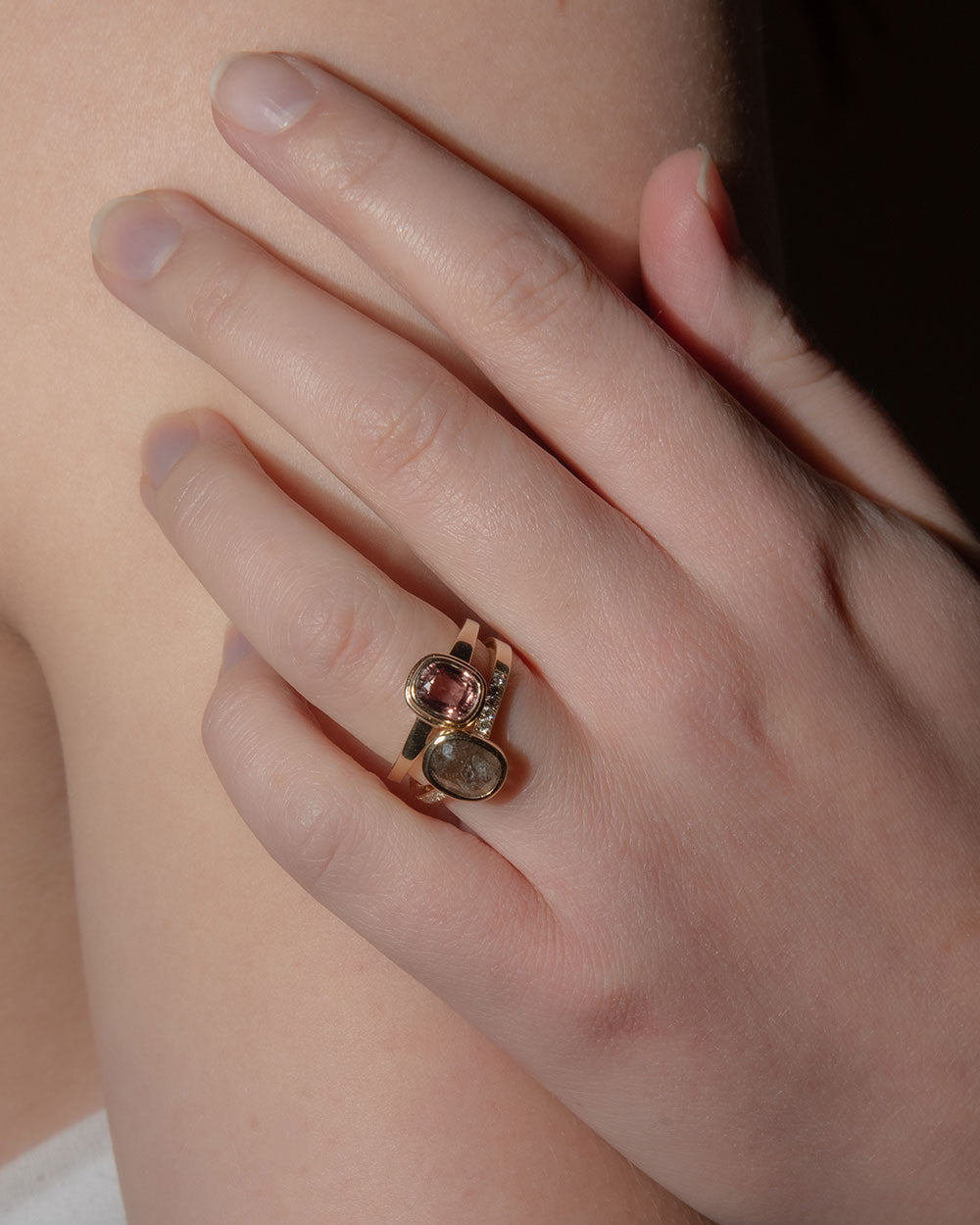 9 Ct solid gold Naomi 1.2ct Grey Diamond Ring displayed on model with 1 other ring