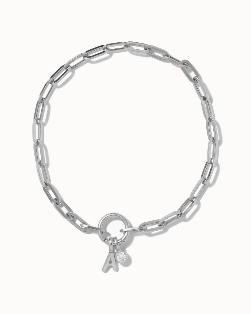 Recycled 925 sterling silver chain bracelet with initial charm and charm  with lab grown diamond handmade in London by Maya Magal London